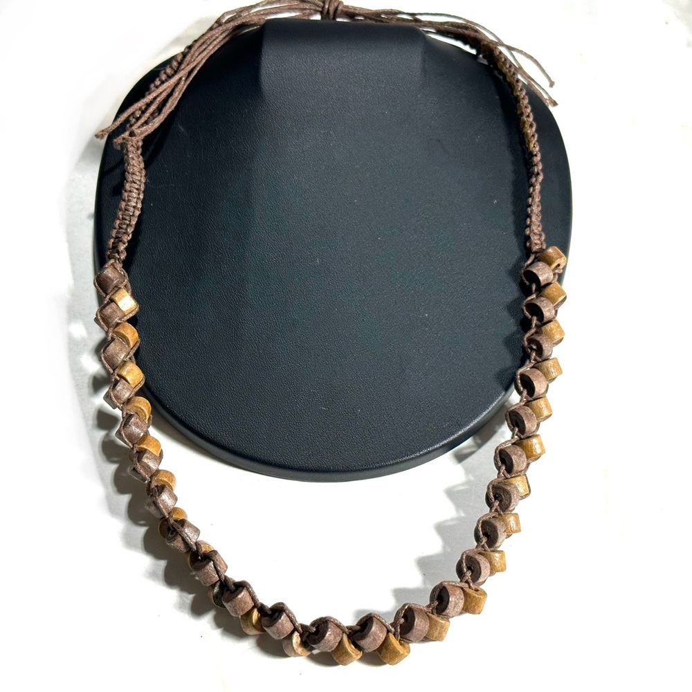 Brown Hemp Macrame Natural 2 Tone Wooden Bead Necklace Boho Hippie Unisex